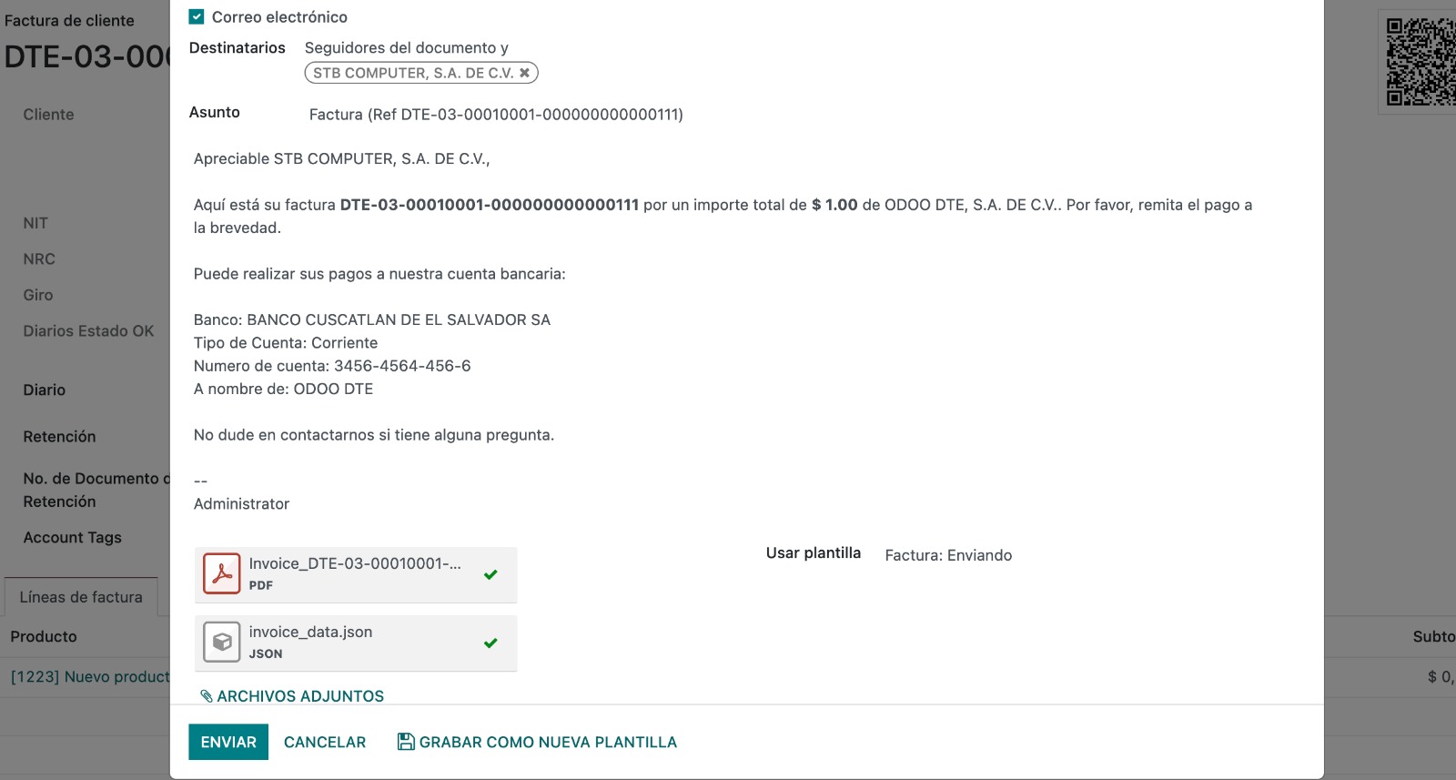 Interfaz de envío de facturas de Odoo